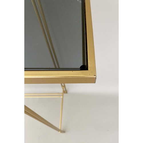 290 - CONSOLE TABLE, 73cm x 102cm x 29cm, gilt metal frame smoked glass top.