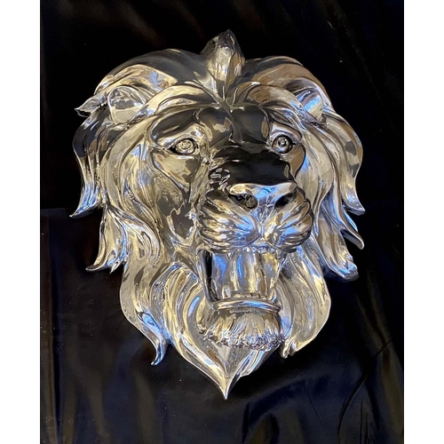 296 - ROARING LION HEADS WALL RELIEF METAL PLAQUES, pair, 49cm x 43cm x 24cm, silvered finish. (2)