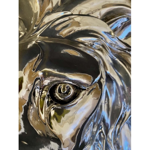 296 - ROARING LION HEADS WALL RELIEF METAL PLAQUES, pair, 49cm x 43cm x 24cm, silvered finish. (2)