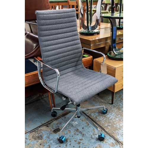 300 - AFTER CHARLES AND RAY EAMES ALUMINIUM GROUP CHAIR, 116cm H at tallest, grey seat.