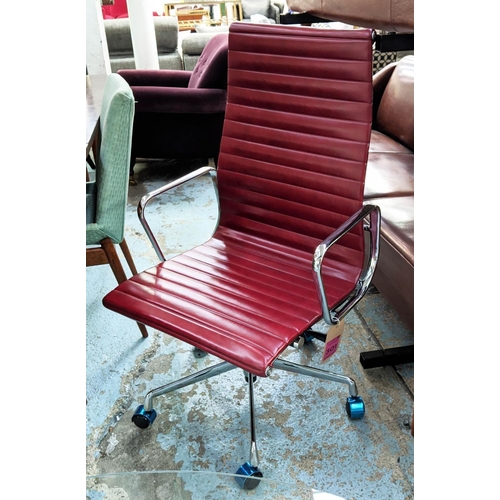 301 - AFTER CHARLES AND RAY EAMES ALUMINIUM GROUP CHAIR, 116cm H at tallest, red seat.