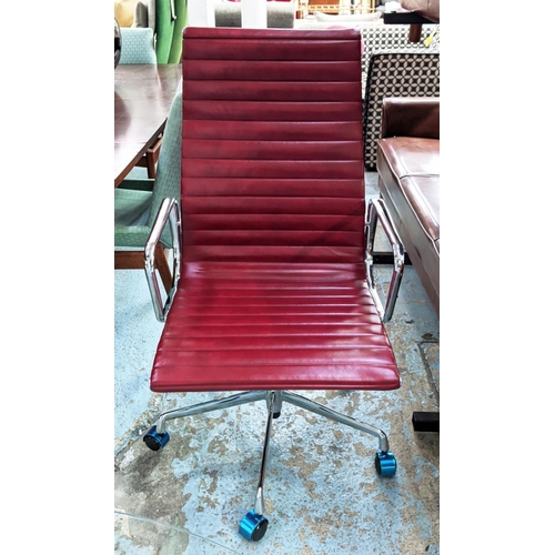 301 - AFTER CHARLES AND RAY EAMES ALUMINIUM GROUP CHAIR, 116cm H at tallest, red seat.