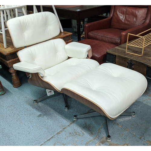 302 - AFTER CHARLES AND RAY EAMES LOUNGE CHAIR AND OTTOMAN, 84cm W. (2)