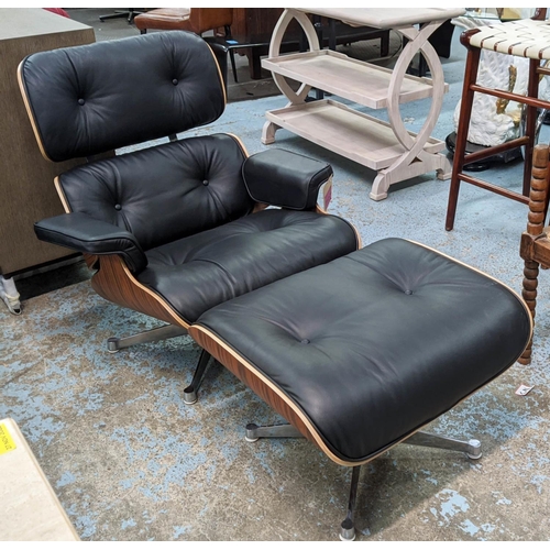 303 - AFTER CHARLES AND RAY EAMES LOUNGE CHAIR AND OTTOMAN, 84cm W. (2)