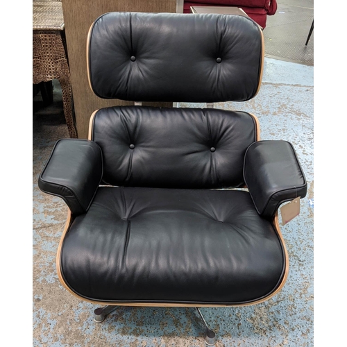 303 - AFTER CHARLES AND RAY EAMES LOUNGE CHAIR AND OTTOMAN, 84cm W. (2)