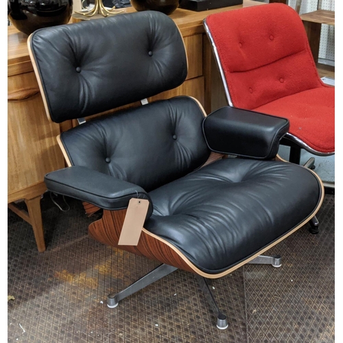 304 - AFTER CHARLES AND RAY EAMES LOUNGE CHAIR AND OTTOMAN, 84cm W. (2)