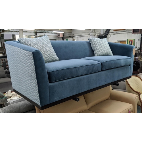 306 - SOFA, blue velvet upholstered, with patterned fabric accents and two scatter cushions, 220cm x 95cm ... 