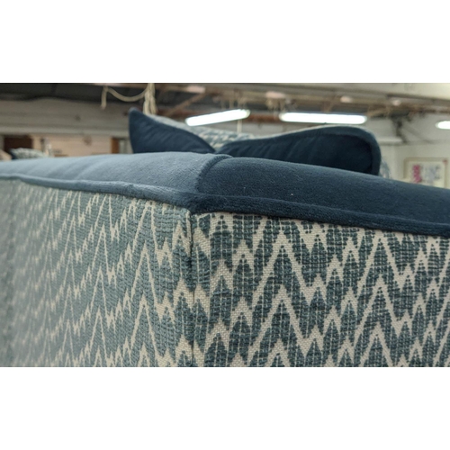 306 - SOFA, blue velvet upholstered, with patterned fabric accents and two scatter cushions, 220cm x 95cm ... 