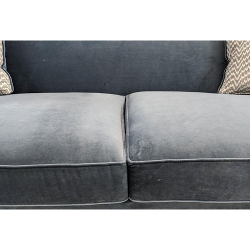 306 - SOFA, blue velvet upholstered, with patterned fabric accents and two scatter cushions, 220cm x 95cm ... 