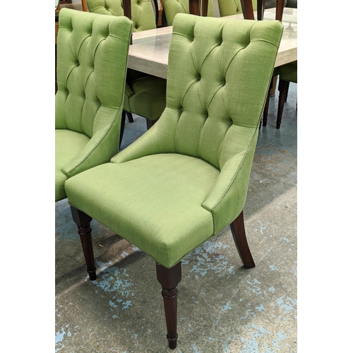 308 - DINING CHAIRS,  a set of ten, bespoke made, green fabric upholstered, 8 at 60cm x 65cm x 105cm and 2... 