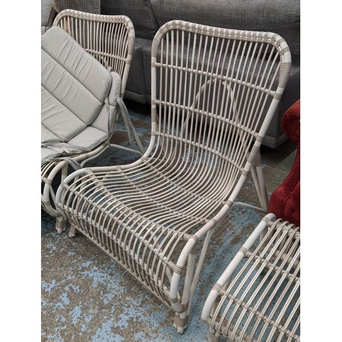 314 - VINCENT SHEPARD LUCY LOUNGE CHAIRS, a pair, 89cm H x 73cm, and stool. (3)