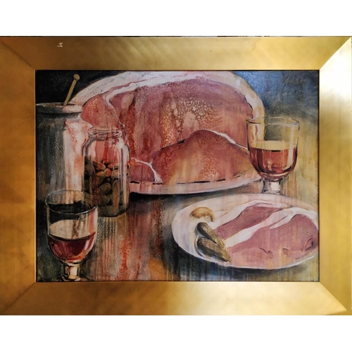 32 - 20TH CENTURY SCHOOL 'Still Life, Ham Pickles and Wine', oil on canvas, 90cm x 120cm, framed.