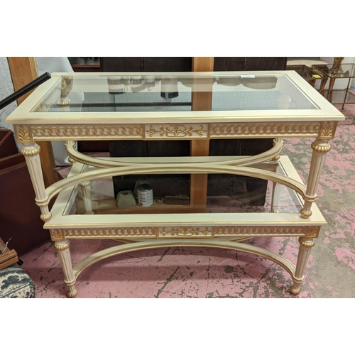 LOW TABLES, a pair, each 120cm x 60cm x 48cm H Louis XVI style white painted and gilt with glass top. (2)