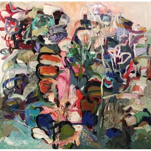 88 - MARIN NELSON 'Land of many flowers', oil on canvas, 88cm x 88xm, framed.