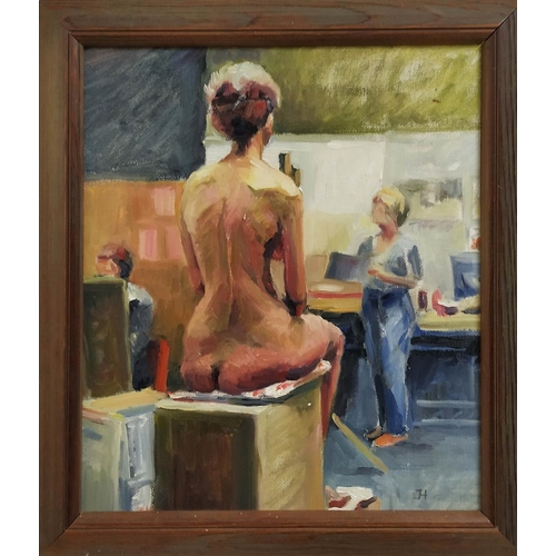 93 - 20TH/21ST CENTURY SCHOOL, 'Nude Study, in the Studio', oil on canvas, 28cm x 25cm, signed with monog... 