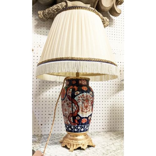 420 - TABLE LAMPS, a pair, blue and white each overall 61cm tall including shades and one other with a gil... 