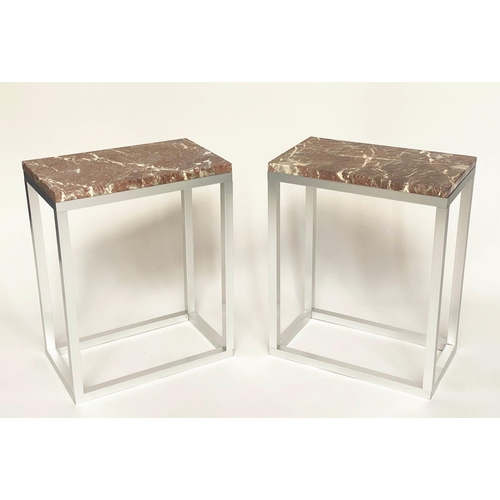 423 - SIDE TABLES, a pair, 61cm x 35cm D x 76cm H, contemporary polished aluminium, with rectangular varie... 