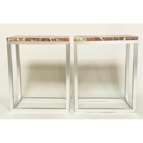 423 - SIDE TABLES, a pair, 61cm x 35cm D x 76cm H, contemporary polished aluminium, with rectangular varie... 