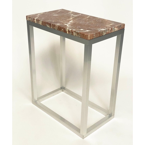 423 - SIDE TABLES, a pair, 61cm x 35cm D x 76cm H, contemporary polished aluminium, with rectangular varie... 