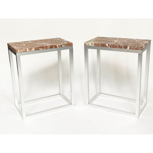 423 - SIDE TABLES, a pair, 61cm x 35cm D x 76cm H, contemporary polished aluminium, with rectangular varie... 