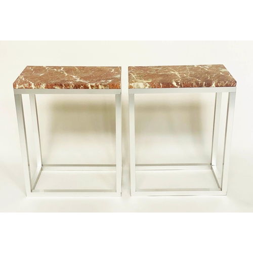 423 - SIDE TABLES, a pair, 61cm x 35cm D x 76cm H, contemporary polished aluminium, with rectangular varie... 