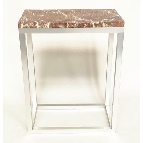 423 - SIDE TABLES, a pair, 61cm x 35cm D x 76cm H, contemporary polished aluminium, with rectangular varie... 