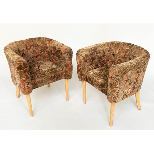 424 - TUB ARMCHAIRS, a pair, 65cm W, 1970's Art Deco style, buttoned rounded backs. (2)