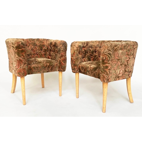 424 - TUB ARMCHAIRS, a pair, 65cm W, 1970's Art Deco style, buttoned rounded backs. (2)