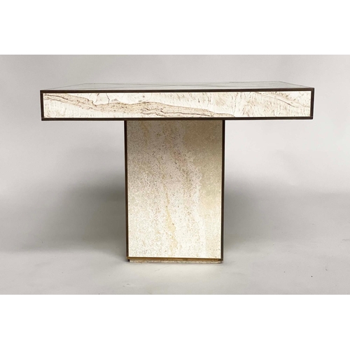 426 - TRAVERTINE LOW TABLE, 1970's Italian square travertine marble and brass metal inlaid and banded with... 