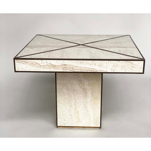 426 - TRAVERTINE LOW TABLE, 1970's Italian square travertine marble and brass metal inlaid and banded with... 