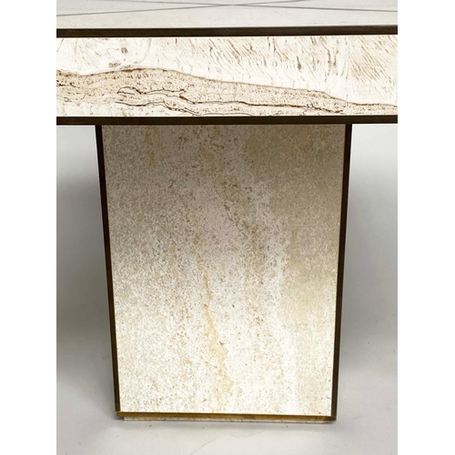 426 - TRAVERTINE LOW TABLE, 1970's Italian square travertine marble and brass metal inlaid and banded with... 