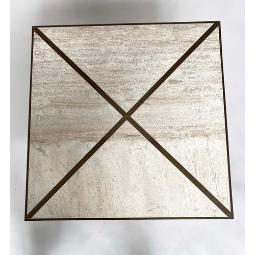 426 - TRAVERTINE LOW TABLE, 1970's Italian square travertine marble and brass metal inlaid and banded with... 