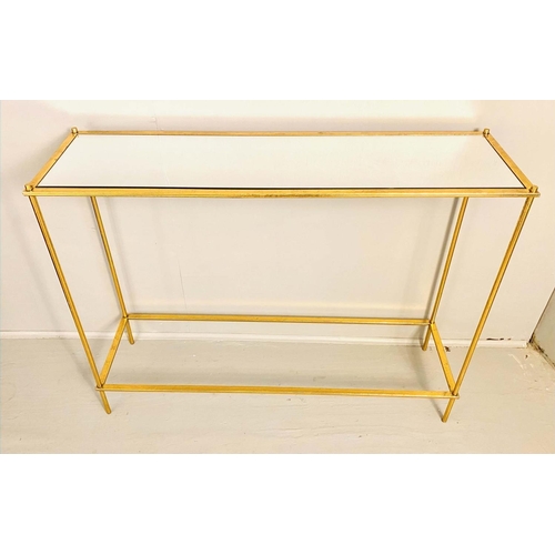 432 - CONSOLE TABLE, gilt metal with glass top, 102cm x 27cm x 77cm.