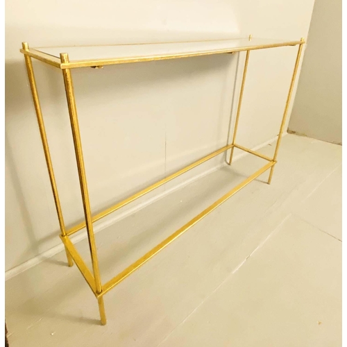 432 - CONSOLE TABLE, gilt metal with glass top, 102cm x 27cm x 77cm.