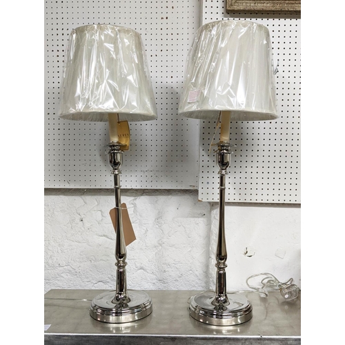 437 - LAUREN RALPH LAUREN HOME TABLE LAMPS, a pair, with shades, 84cm H, polished metal. (2)