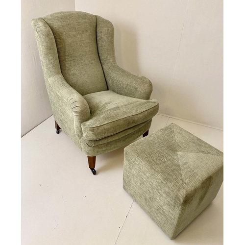 343 - KINGCOME ARMCHAIR, 108cm H, and stool, green fabric upholstered. (2)