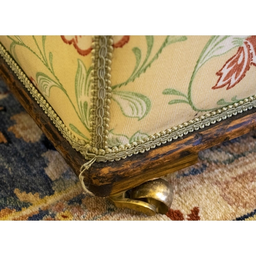 294 - OTTOMAN, 50cm H x 114cm W x 59cm D, Victorian and later in floral cream fabric on brass castors.