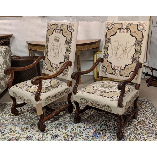 295 - FAUTEUILS, 119cm H x 63cm W, a pair, Louis XIV style, walnut, circa 1890 in monogrammed needlework u... 