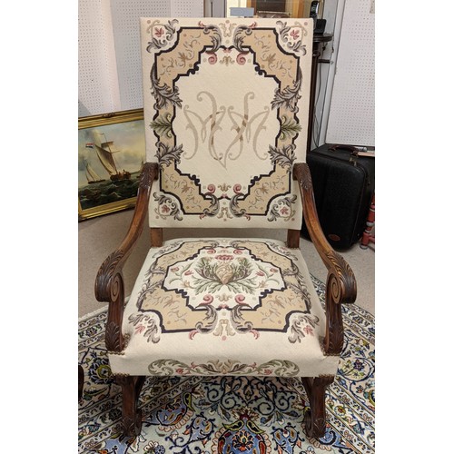 295 - FAUTEUILS, 119cm H x 63cm W, a pair, Louis XIV style, walnut, circa 1890 in monogrammed needlework u... 