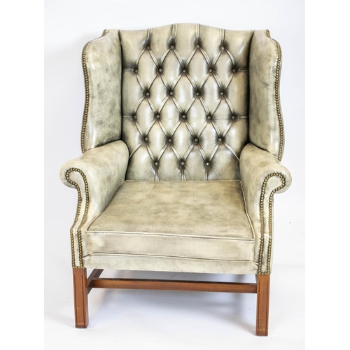 247 - WING ARMCHAIR, 111cm H x 92cm, Georgian style in light grey leather.