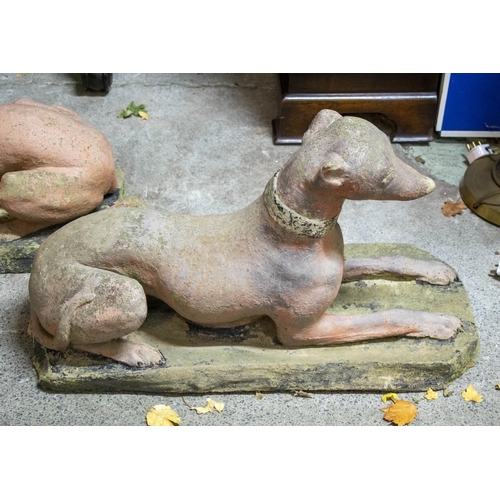 248 - STONE WHIPPETS, 42cm H x 29cm x 72cm L, a pair, painted reconstituted stone. (2)