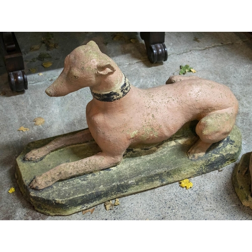 248 - STONE WHIPPETS, 42cm H x 29cm x 72cm L, a pair, painted reconstituted stone. (2)