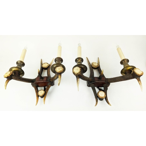 255 - ANTHONY REDMILE STYLE ANTLER WALL SCONCES, a pair, 40cm x 13cm x 17cm. (2)