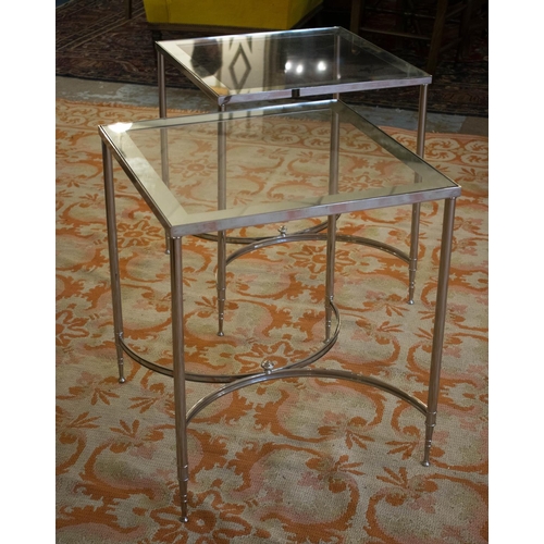 546 - SIDE TABLES, 62cm H x 54cm x 54cm, a pair, chrome with mirror bordered glass tops. (2)