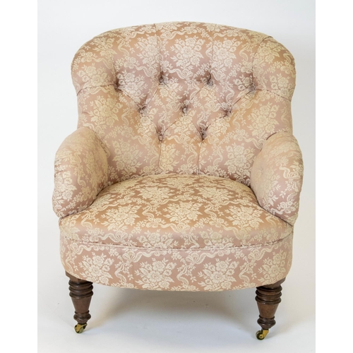 299 - ARMCHAIR, 86cm H x 73cm W, Victorian walnut in floral pink upholstery on later brass castors.