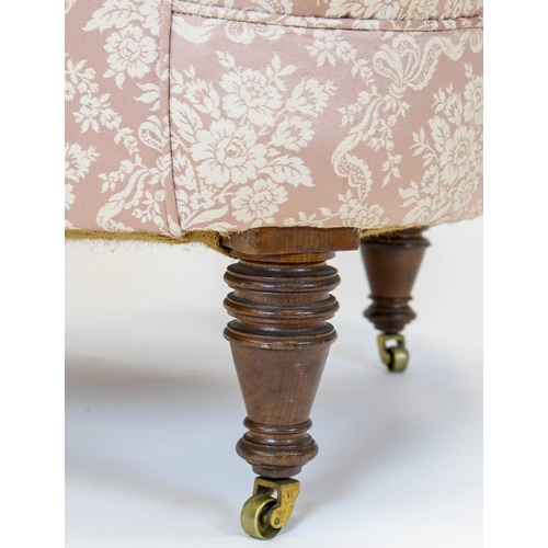 299 - ARMCHAIR, 86cm H x 73cm W, Victorian walnut in floral pink upholstery on later brass castors.