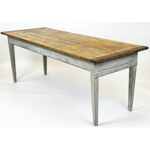 164 - FARMHOUSE TABLE, French provincial pine and oak top on a painted base, 202cm L x 74cm W x 73cm H.