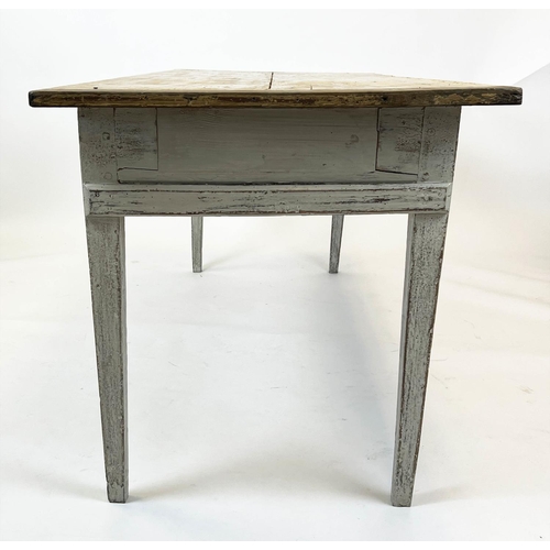 164 - FARMHOUSE TABLE, French provincial pine and oak top on a painted base, 202cm L x 74cm W x 73cm H.