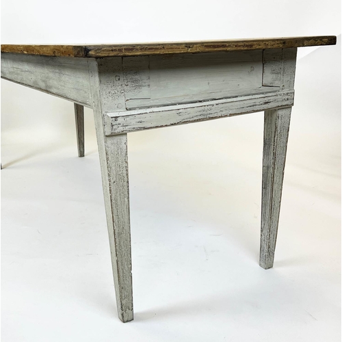 164 - FARMHOUSE TABLE, French provincial pine and oak top on a painted base, 202cm L x 74cm W x 73cm H.