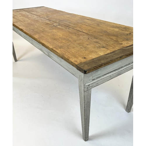 164 - FARMHOUSE TABLE, French provincial pine and oak top on a painted base, 202cm L x 74cm W x 73cm H.